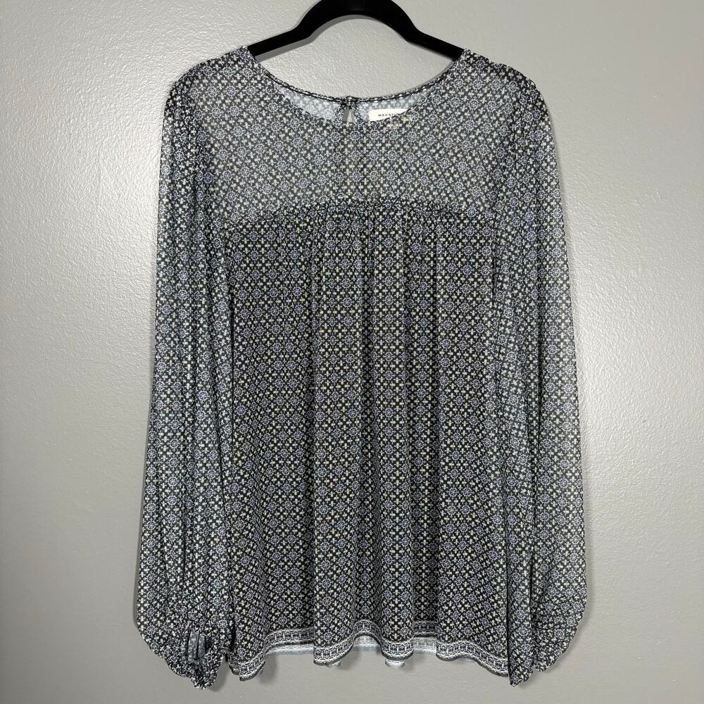 Max Studio Women's Boho Peasant Gray & Blue Printed Top - Size Medium - Sheer